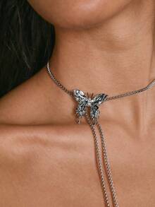 DareSee 1pc Simple & Fashionable & Personalized Metallic Silver Choker Necklace With Butterfly Pendant, Adjustable Length & Multiple Wearing Styles, For Women Halloween - Silver - View 5