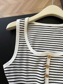 GlowEve New Fashionable Summer Casual Vacation Striped Print Cardigan With Button Decor Women Tank Top - White - View 3