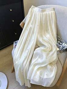 GlowEve CURVE 大尺碼女款優雅素色緞面百褶珍珠裝飾寬腿長褲，適合通勤、約會/度假 - 杏色 - 查看 1