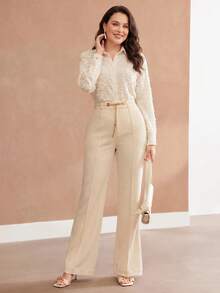 MOTF PREMIUM Pantalones largos de talla grande para mujer, elegantes y sofisticados, color albaricoque, con cinturón de borlas y hebilla metálica desmontable - Albaricoque - Ver 7