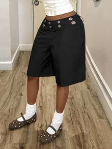 StreetHx Women's Summer Eyelet Decor Suit Shorts - Black - View 5