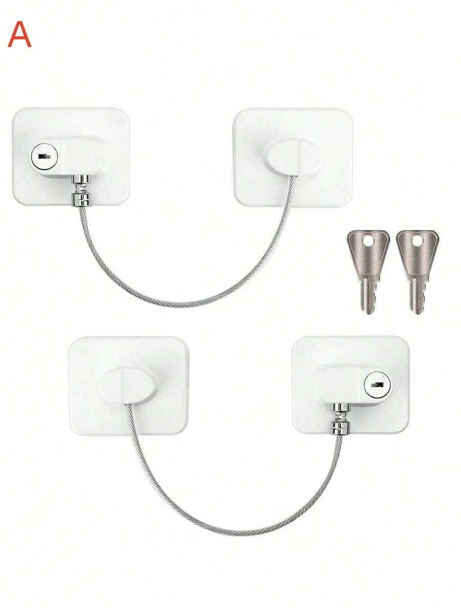 1pc/2pcs/4pcs Refrigerator Door Lock With 2 Keys Stainless Steel Zinc Alloy Adhesive Lock, 16cm Link Wire. Cabinet & Drawer Lock, Fridge Lock With No Drilling Required. Adhesive Childproof Window Lock For Furniture, Washing Machine, Household Appliances. - White - View 1