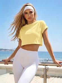 Fluxe Camiseta casual de mujer de punto de cuello redondo, manga corta, holgada y corta de unicolor - Amarillo - Ver 4