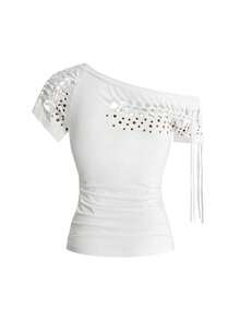 ROMWE Vintage Y2K Burnout Perforated Rivet Design Loose Asymmetrical Shoulder T-Shirt - White - View 4
