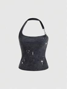 ACID BLVD Summer Spring Autumn Y2K Millennium Hot Girl Style Party Music Festival Metal Chain Washed Knit Halter Backless Top - Blue - View 2