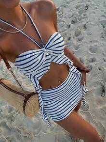 Soleia Women's Summer Casual Sexy Beach Vacation Festival Outfit: Blue And White Striped Knit Ruffled Asymmetrical Hem Camisole And Mini Skirt Set. - Multicolor - View 1