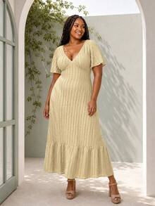 ELLERISSA Plus Size Yellow Deep V Flute Sleeve Textured Lace Maxi Dress With Ruffle Hem Vacation Evening Summer Elegant Frenchy - Yellow - View 1
