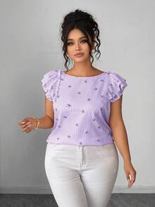 Elenzga Plus Size Women's French Casual Elegant Cute Kawaii Bow Blue And White Boat Neck Flutter Sleeve Blouse Vacation Summer Top Birthday Brunch Dinner - Purple - View 4