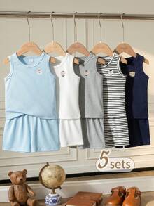 Souflis Souflis 嬰幼兒男女通用 0-3 歲 4 件套，時尚彩色葉子印花上衣、短褲套裝，夏季舒適休閒度假風，百搭適合日常穿著與玩耍 - 彩色 - 查看 5
