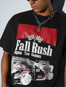 Modcrash Men's Fashion Hiphop Letter & Racing Car Graphic Print Short Sleeve T-Shirt - Black - View 7