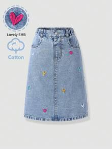 Girls' Denim Skirt, Light Blue Washed Denim, Side Slanted Pockets, Back Double Patch Pockets, Colorful Heart Embroidery, A-Line Straight Mid-Length, Back Slit Design, Suitable For Spring And Autumn, Can Be Paired With T-Shirt, Shirt Or Knitwear, Suitable For Daily Commute, Casual Shopping And Campus Scenes - Light Wash - View 4