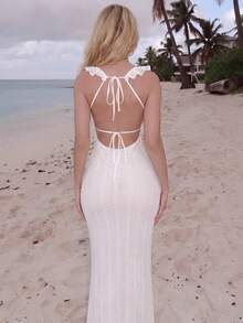 Turnttoni Summer White Sexy Crochet Textured Off-Shoulder Dress With Hollow Out Back And Elegant Hemline,Summer Dresses For Women,White Graduation Dress Party - White - View 2