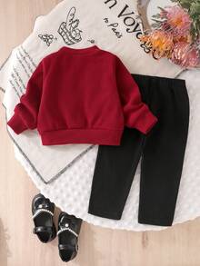 SHEIN 嬰兒/幼兒（女童）紅色羅紋長袖開襟外套，大花飾裝搭配純色長褲 2 件套，春秋休閒日常寬鬆套裝 - 紅色 - 查看 3