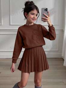Tween Girls Sweater Co-Ords Coffee Color Special Embroidery Round Neck Pullover With Pleated Skirt Knit Sweater Set Soft Comfortable Suitable For Daily Wear, Outings, Travel, Vacation, Home, And Play - Khaki - View 1
