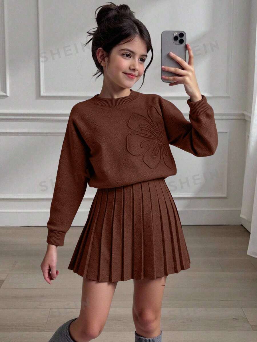 Tween Girls Sweater Co-Ords Coffee Color Special Embroidery Round Neck Pullover With Pleated Skirt Knit Sweater Set Soft Comfortable Suitable For Daily Wear, Outings, Travel, Vacation, Home, And Play - Khaki - View 1