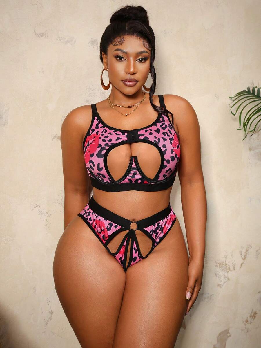 Bare Chapter Sexy Pink Leopard Print Red Lip Plus Size Lingerie Set, Hollow Design Hot Girl 2 Pieces Set - Multicolor - View 1