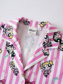 THE POWERPUFF GIRLS X SHEIN 青少年女孩條紋卡通印花上衣與短褲家居服 - 粉色 - 查看 3