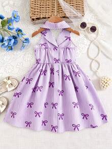 SHEIN Elladie kids Garden Girls 夏季新款時尚 Polo 領掛脖露背收腰甜美百搭度假風女童正式洋裝 - 彩色 - 查看 2