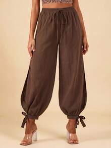 Travachic Women's Solid Color Split Hem Tie Lantern Pants Loose Casual Boho Long Pants Beach Dark Brown Autumn - Brown - View 5