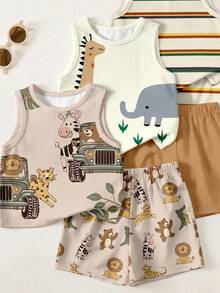 Consigue 2 piezas Conjunto Aleatorio de Bebé Niño Nuevo Casual Minimalista Suave y Cómodo Conjunto de Camiseta sin Mangas & Pantalones Cortos, Adecuado para Primavera/Verano, Estampado Clásico y Lindo de Animales - Multicolor - Ver 4