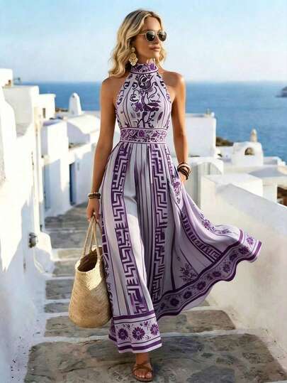 Louniche Women's Spring/Summer Vacation Casual Floral & Geometric Pattern Spaghetti Strap Dress, Fashionable For Spring, Summer, Autumn, Suitable For Daily Wear, Vacation, Parties, Valentine's Day, Labor Day, Easter, Teacher's Day, Back To School, Work, Formal Occasions, Garden Events, Travel And Spring/Summer