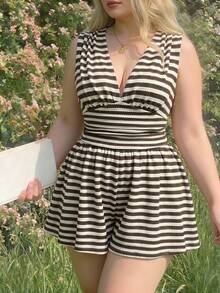 SHEIN MOD Plus Size Women Striped V-Neck Sleeveless Jumpsuit  Women Vacation  Beach Outfit Going Out Summer - Multicolor - View 8
