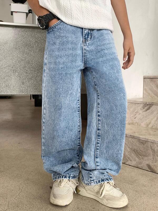 SHEIN Tween Boy Fashion Versatile Pocket Button Loose Fit Denim Jeans