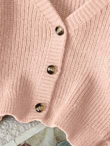 Genkimix Kids New Fashion Versatile Young Girl Commute Minimalist Small V-Neck Brown Cardigan - Pink - View 5