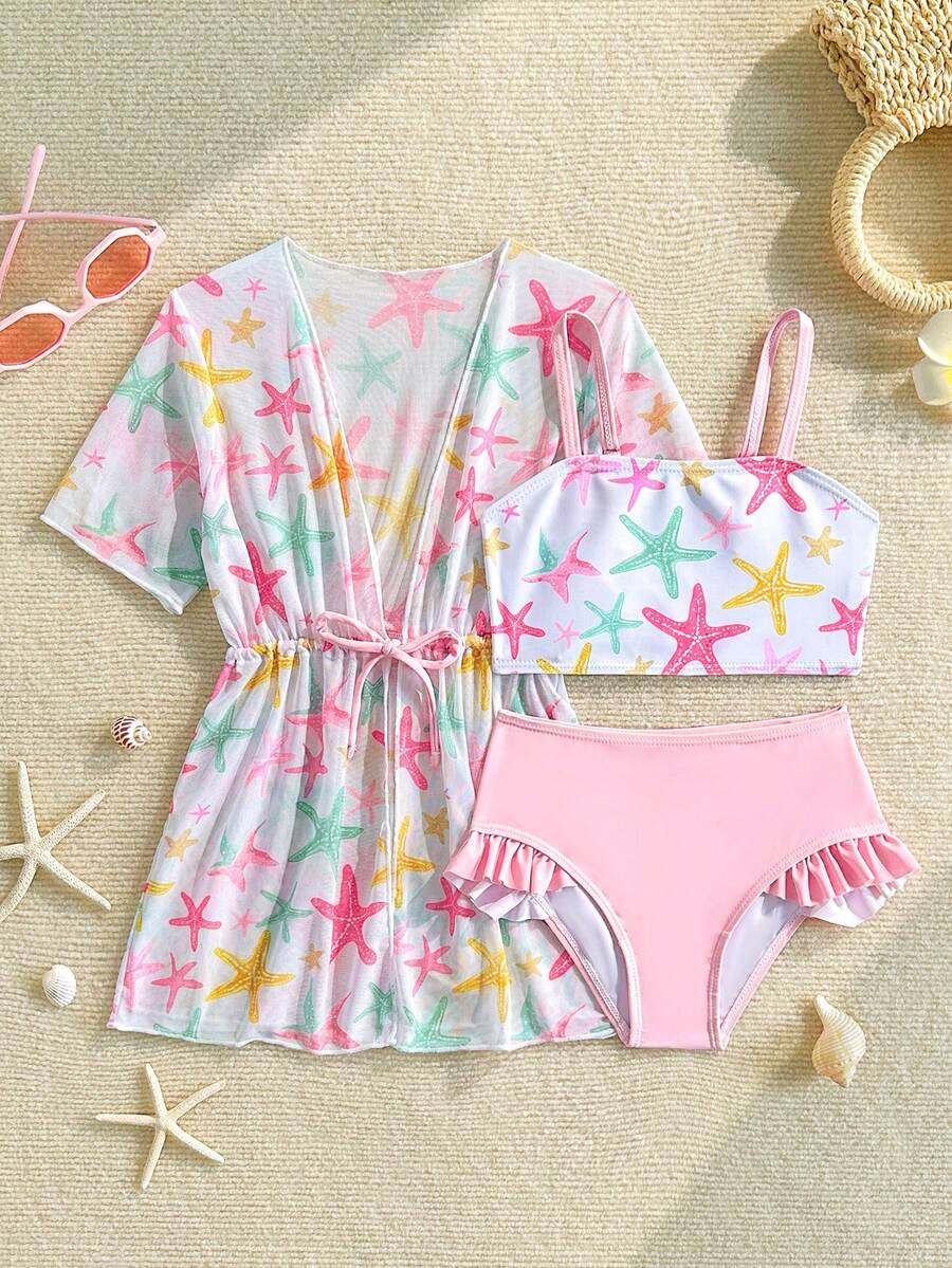 SHEIN 少女泳衣套裝 彩色海星圖案印花網紗罩衫 3件套 時尚休閒優雅奢華活潑 適合游泳 度假 夏季 - 粉色 - 查看 1