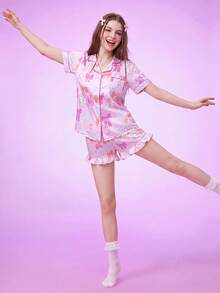 Notgurli Women's Light Pink Purple Dotted Bow Print Ruffle Collar Short Sleeve Shorts Pajama Set, 2 Pieces Casual Loungewear - Multicolor - View 6
