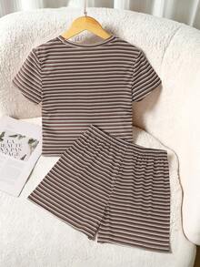 青少年女孩 T-Shirt 與短褲 2 件套裝，休閒簡約寬鬆針織，返校穿搭，復古細條紋，青少年女孩套裝，適合健身瑜伽 - 彩色 - 查看 2