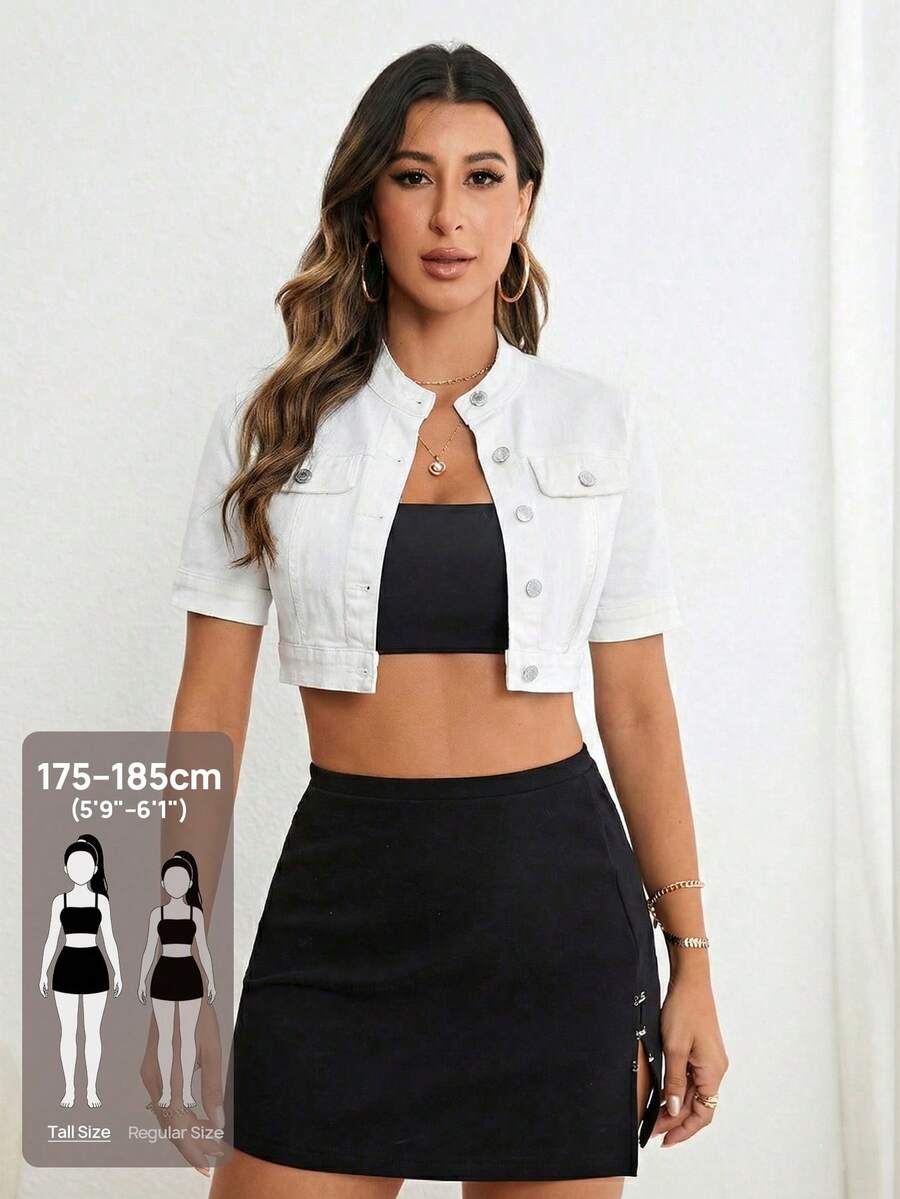 SHEIN Tall 高個時尚修身超短牛仔短袖上衣 - 白色 - 查看 1