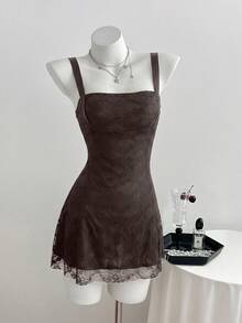 Elamini Women's Casual Sexy Backless Lace Dress With Ruched - Brown - View 3