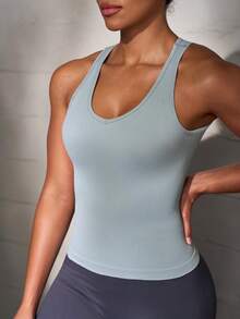Seamluxe SHEIN Sport Women's Solid Color Back Cutout Daily Gym Fitness Athleisure Sports Tank Top Light Blue Summer - Grey - View 5