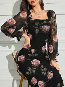 Modelyn 女款優雅純色網紗修身長洋裝，秋季長款晚禮服 - 黑色 - 查看 6