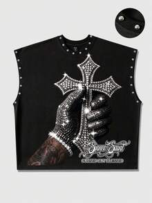 ROMWE MEN Street Life Men's Rivet Decor Printed Pattern Loose Tank Top - Black - View 5