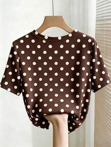 Franclia Elegant Slim Fit Round Neck Beaded Casual Ribbed Short Sleeve Women's T-Shirt - Brown - View 2