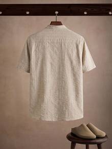Core Aspect Men's Textured Jacquard Short Sleeve Shirt, Small Stand Collar Short Sleeve Top, Casual Commute , Ceremony - Khaki - View 2