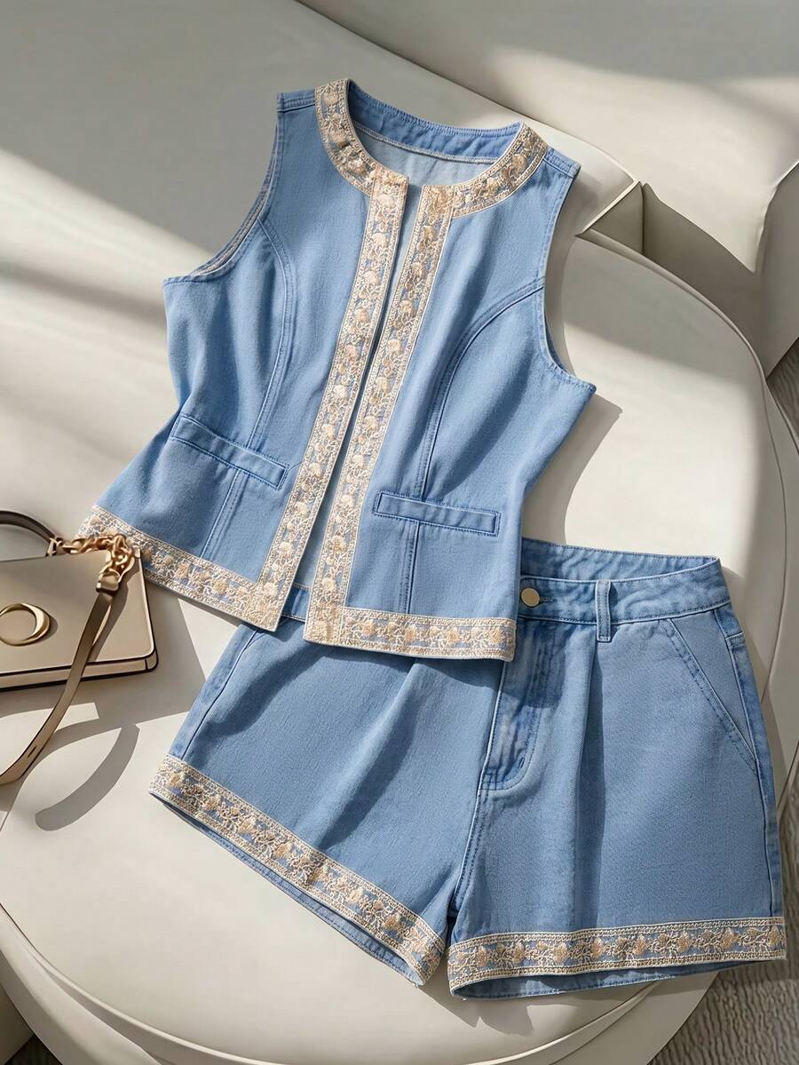 GlowEve Women's Embroidered Patchwork Casual Denim Vest - Light Wash - View 1
