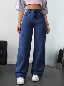 SHEIN ICON 大尺碼女款休閒口袋直筒牛仔褲 - 深色水洗藍 - 查看 7