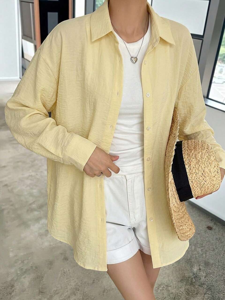 Women's Loose Fit Lapel Long Sleeve Vacation Style Yellow Shirt Cute Tops