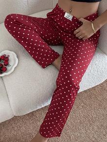 Napfluff Women's Casual Heart Print Waistband Patch Elastic Waist Straight Leg Long Pajama Pants - Burgundy - View 4