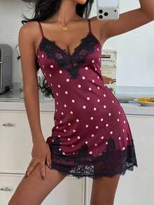 ZzzCrew Sexy Short Polka Dot Print Lace Trim V-Neck Cami Slip Dress - Multicolor - View 4