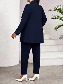 SHEIN Lady 海軍藍大尺碼秋季優雅通勤針織立領長袖外套套裝（正式風格） - 藏蓝色 - 查看 2