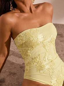 Opulessa Solid Color Knit Fitted Halter Neck One-Piece Swimsuit For Women - Light Yellow - View 6