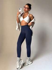 Easithlete Damen einfarbige Tasche lässige vielseitige Alltag Reise Sport enge Leggings - marineblau - Übersicht 6