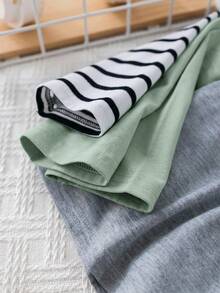 SHEIN Baby Boy Baby Girl Spring/Autumn Black & White Striped Solid Color Round Neck Long Sleeve Pullover Top 3 Pieces Set - Multicolor - View 9