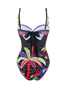 Swim Oasis Women's 2 Pieces Oasis Vacation Premium Set, Dodo Bird & Coconut Tree Print Positioned Print One-Piece Swimsuit & Skirt Set, Adjustable Straps, Oasis Women's One-Piece - Black - View 5