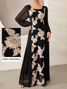 Graceveil Black Floral Embroidered Contrast Mesh Elegant Classy Fashionable Evening Dinner Ball Gown Long Dress For Women Autumn - Black - View 5