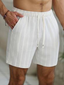 Manfinity Homme Plus Size Men's Vertical Stripe Drawstring Waist Casual Loose Shorts - Beige - View 4